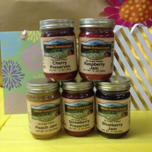 Hillside Orchard low carb, low calorie, sugar free strawberry, blueberry, peach, cherry and raspberry jams.